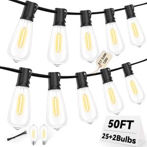 50FT Outdoor LED String Lights,Vintage ST40 LED Bulbs (25+2 Spare),Shatterproof Plastic,E17 Socket,2700K Warm White-Ideal for Patio,Porch,Deck,Gazebo,Bistro,Backyard,Wedding&Party Dcor