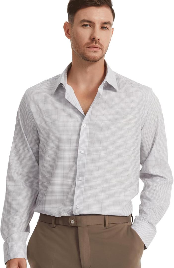 3 x Men's Dress Shirts Solid Wrinkle-Free Long Sleeve Button Down Shirt Regular Fit Formal Shirts (Gray, M)