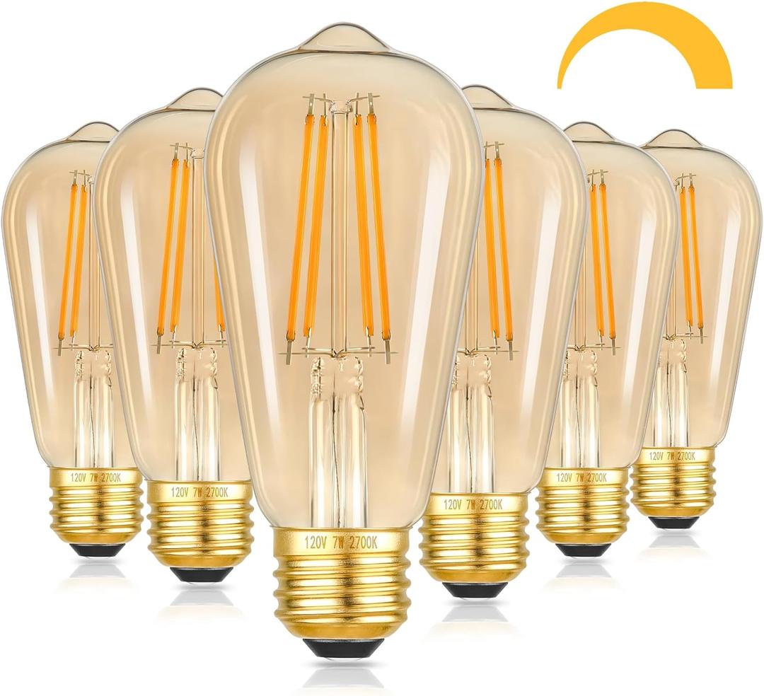 Kondras 7W Dimmable LED Light Bulbs, 60Watt Equivalent Edison Bulbs, ST58 Amber Glass Vintage LED Bulbs, Warm White 2700K, E26 Base, CRI 90+, 25000+ Hours, Great Decorative Bulb for Commercial, 6-Pack