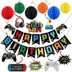 Video Game Birthday Decorations Game Theme Party Decorations Kit Includes Happy Birthday Gaming Banner Hanging Swirls Honeycomb Balls for Gaming Theme Birthdays Party