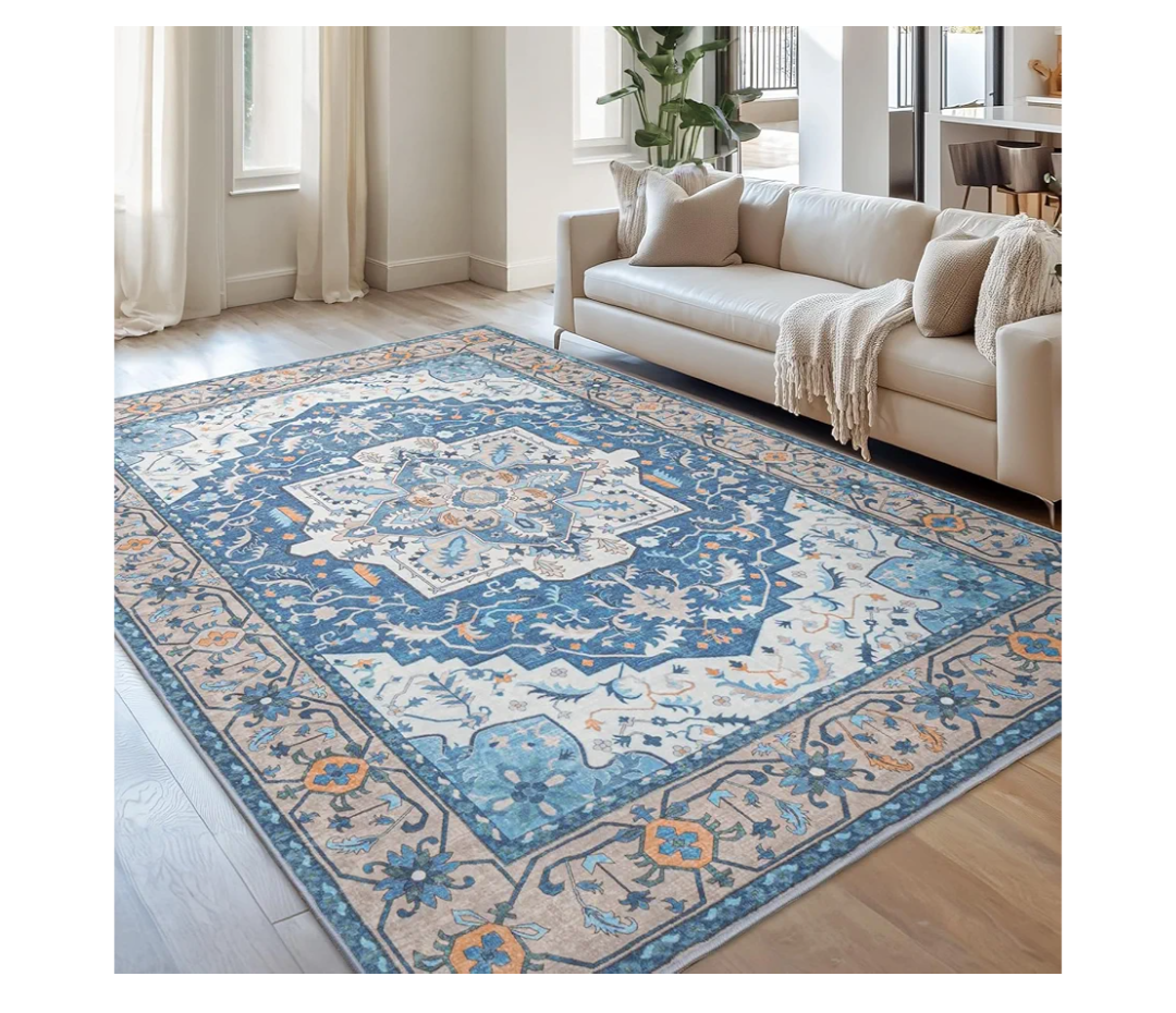 Lessymo Area Rugs for Living Room- Machine Washable Area Rugs Boho Faux Wool Low Pile Area Rug for Bedroom Floral Medallion Vintage Rugs with Non-Slip Rubber, Kid & Pet Friendly, Blue Brown