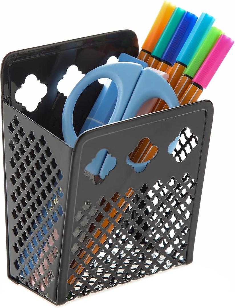 Magnetic Pen Holder, Mesh Metal Strong Magnet Dry Erase Marker Holder Pencil Organizer Small Items Basket for Refrigerator, Whiteboard, Locker Accessories-Black (Pack of 1)