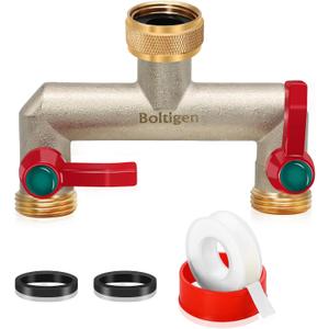 Boltigen 3/4'' GHT Garden Hose Splitter, 2 Way Outdoor Faucet Water Hose Splitter Connector, Heavy Duty Brass Nickel Plated Hose Bib Diverter for Garden Outdoor Home