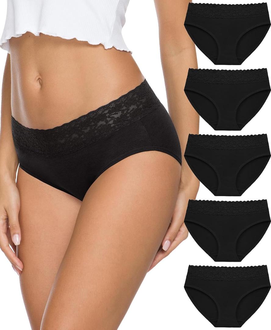 Womens Cotton Underwear 5-Pack - Breathable Lace Bikini Panties, Full Coverage Ladies Underwear Soft Combed Cotton (XX-Large, Black)