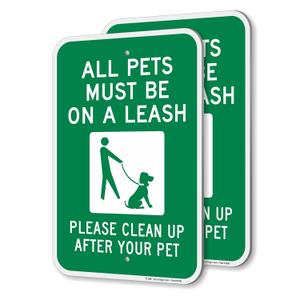 SmartSign All Pets Must Be On Leash Sign - 2 Pack, Please Clean Up After Your Pet Sign, 18 x 12 inch, 2mm Thick Aluminum Composite, Green and White, Made in USA