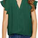 DOKOTOO KIDS Girls Tops Cute Summer Ruffle Short Sleeve T Shirts Casual V Neck Chiffon Blouses 6-15 Years (Green, M)