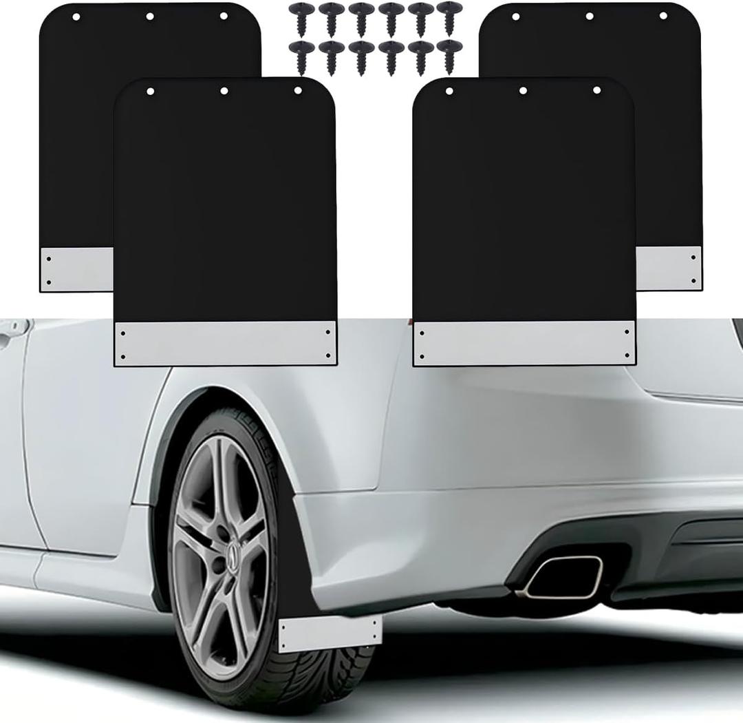 4 Pack Universal Mud Flaps, Black Splash Guards Car Mudguard with Night Reflectors Mudflaps and Screw Accessories Front and Rear Protection for Trucks Cars SUVs Vans (12.2" x 9.5")