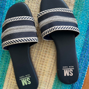 SM New York Navy And White Striped Sandals, Size 9