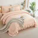 ANGIYUIN Pink Queen Size Comforter Set 5 Pieces Ruffled Bed in A Bag | Soft Farmhouse Fluffy Bedding Sets with Sheets Maicrofiber Shabby Bed Set for Girls Women(Pink Queen)
