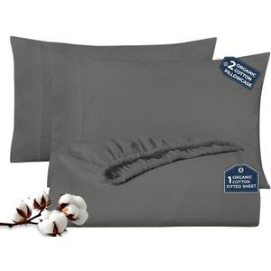 ROYALE LINENS Fitted Sheet with Pillowcases - Queen Fitted Sheets with 2 Pillowcases - 300 Thread Count 100% Organic Cotton - Fits Mattress Up to 18" Deep - Soft & Breathable - Grey (No Flat Sheet) (Charcoal)