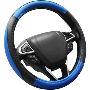 SEG Direct Car Steering Wheel Cover Universal Standard Size 14.5-15 inch, Black and Blue Microfiber Leather