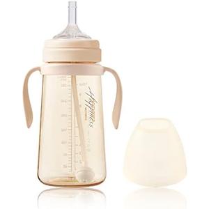 MOTHER-K No-Spill Sippy Cup with Weighted Straw with Handle, Drink from Any Angle for Babies & Toddlers, Customizable, PPSU Learner Cup, Ivory (10 oz)