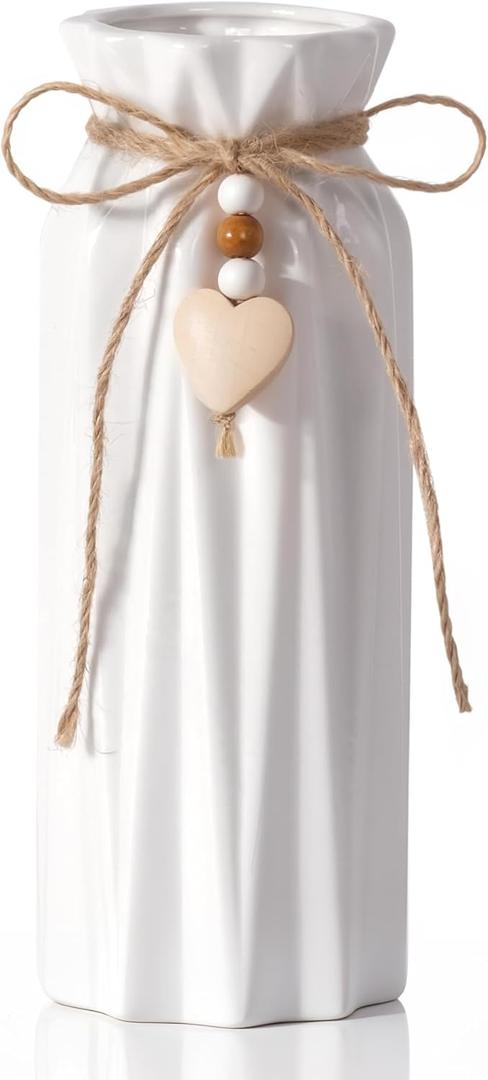 Elegant 8 Inch Ceramic Vase with Geometric Pattern, Decorative Vase with Jute Rope & Heart Charm for Home Dcor, Table Centerpieces, and Gifts, Ideal for Living Room, Bedroom, and Office