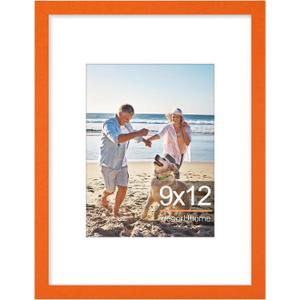 DecorUhome 9x12 Picture Frame, Display Pictures 6x8 with Mat or 9x12 without Mat, Wall & Tabletop Display Photo Frame, Orange, 1 Pack