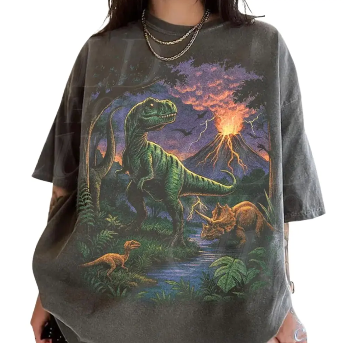 Vintage Dinosaur 90s T Rex and Triceratops Volcano Nature T-Shirt, L