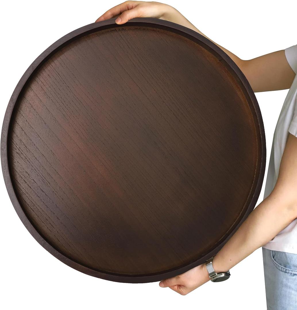 Gurfuy Round Wood Ottoman Serving Tray 24" - Rustic Wooden Table Tray for Farmhouse Decorative Oversized Coffee Table Trays Living Room Kitchen Counter Breakfast PaintBrown