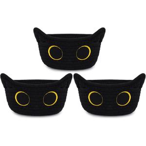 3 Pack Small Black Cat Storage Baskets for Organizing,Woven Decorative Gift Basket, Nursery Shelves Rope Cotton Storage Bins for Gifts Empty, Mini Burr Baby Shower with Handles,7 IN