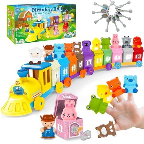 BOLZRA Farm Animals Train Toy for Toddlers 1 2 3 4 5 Years Old, Counting, Matching, Sorting Montessori Learning Toy with 11 Finger Puppets, Keys, Barns, Educational Christmas Birthday Gift for Kids