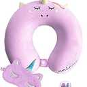 urnexttour Neck Travel Pillow for Kids, Unicorn Airplane Memory Foam Pillow with Cute Sleep Mask & Earplugs, Lightweight Travelling Sleeping Pillow Set for Car, Train, Bus and Home Use (Purple)