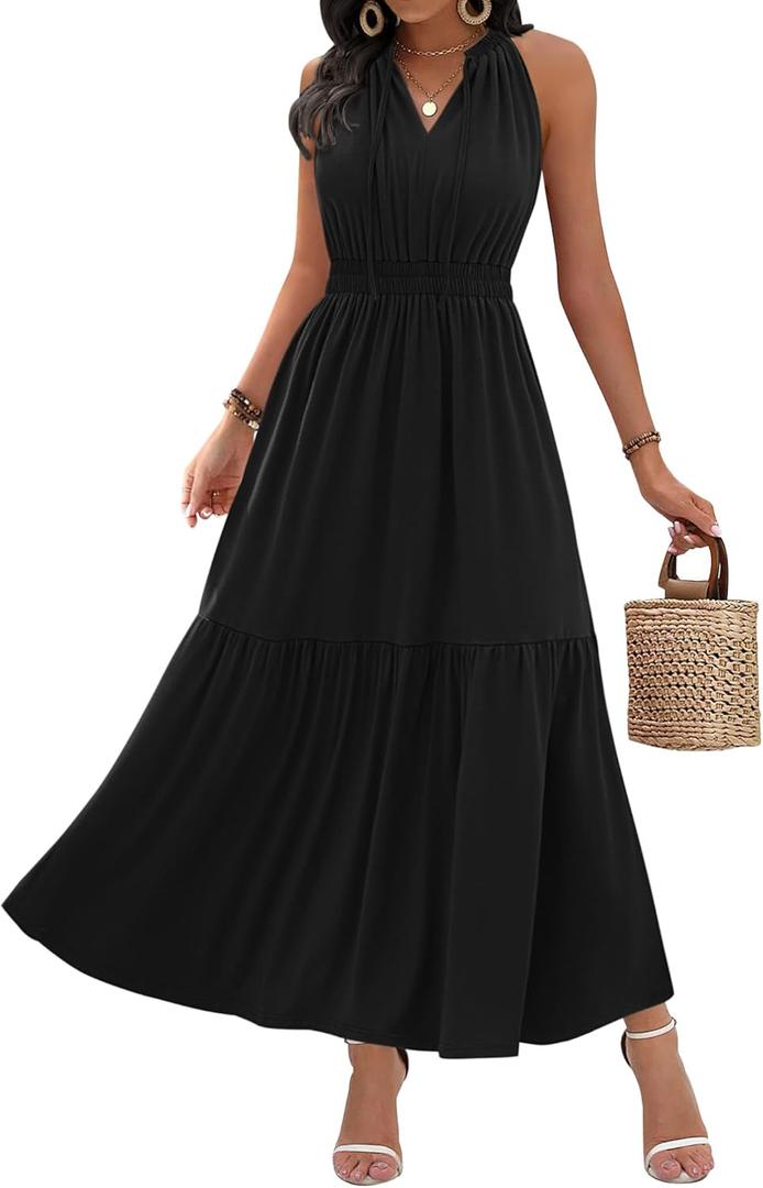 ZAFUL Women's 2025 Summer Casual Midi Dress Sleeveless Adjustable V Neck Elastic Empire Waist Smocked Ruffle Tiered Dresses (Large, Black) ZAFUL Women's 2025 Summer Casual Midi Dress Sleeveless Adjustable V Neck Elastic Empire Waist Smocked Ruffle Tiered Dresses (Large, Black)