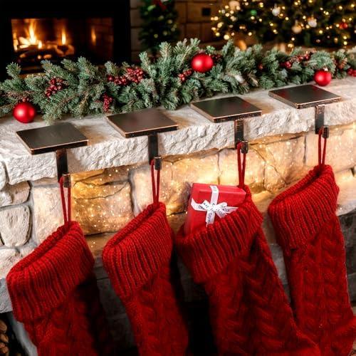 Joyyy Christmas Stocking Holders for Mantle Set of 4 Heavy-Duty Cast Iron Xmas Stocking Hangers Hooks for Mantel with Protective Pad for Fireplace Home Shelf (Vintage Copper)