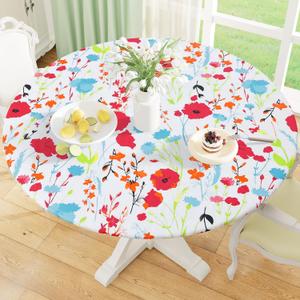 misaya Round Fitted Tablecloth with Elastic Edge, 100% Waterproof Oil Proof Plastic Table Cover, Vinyl Flannel Backed Tablecloth Fits 45"-56" Round Tables for Dinner, Outdoor, Picnic, Flowers