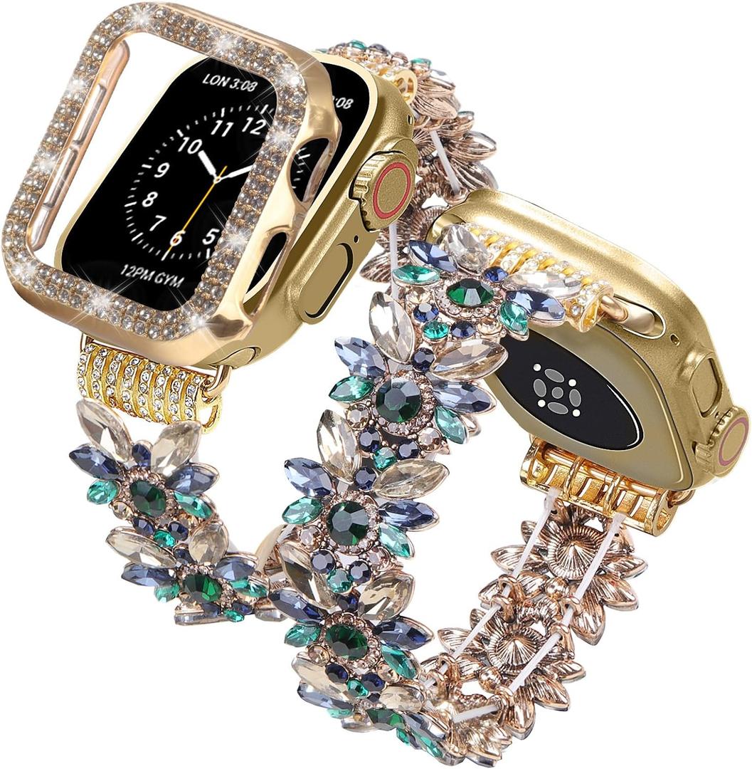 VIQIV Bling Dressy Bracelet with Case Compatible with Apple Watch Bands 38mm 40mm 41mm 42mm 44mm 45mm 49mm for Women Girls Strethy, Slim Jewelry Starlight Stainless Steel Metal Wristband Strap for iWatch Ultra 2/Ultra Series 9/8/7/6/5/4/3/2/1/SE