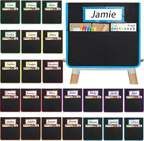 24 PCS Chair Pockets for Classroom,20"x17" Seat Chair Pockets,K-2 Classroom Chair Bags Organizer with Name Tag for Classroom School Home Kindergarten