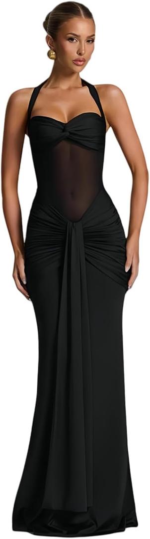 JUMISEE Womens Sexy Halter Twist Knot Maxi Dress Draped Ribbon Ruched Cocktail Dress Sheer Mesh Bodycon Formal Dresses (Medium, Black)