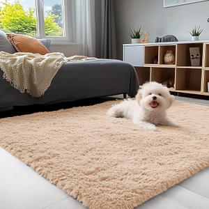 OLANLY 3x5 Machine Washable Small Bedside Rug, Soft Fluffy Shaggy Rugs for Living Room, Bedroom, Indoor Floor Carpet for Kids Girls and Boys, Preppy Dorms, Nursery, Home Decor Aesthetic, Beige