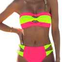 WODECASA Women's Neon Color Block Bikini Set Bandeau Knotted Cutout Sexy 2 Piece Swimsuit Bathing Suit (Small, 192 Hot Pink + Neon Yellow)