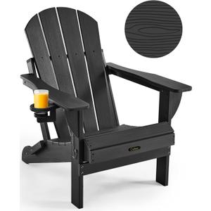 Ciokea Folding Adirondack Chair Wood Texture for Patio, Weather Resistant, Plastic Fire Pit Chair with Cup Holder, Lawn Chair for Outdoor Porch Garden Backyard Deck (Black)