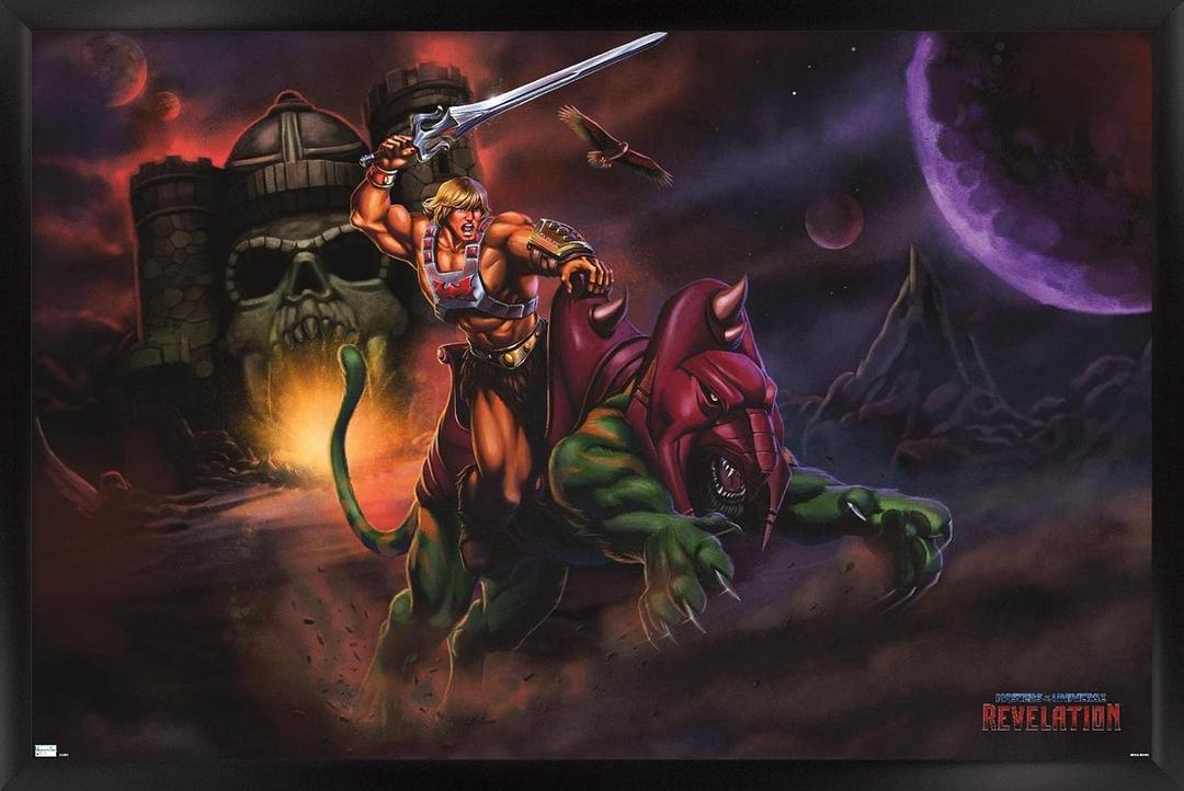 Trends International Mattel Masters of the Universe: Revelation - He-Man & Battle Cat Wall Poster, 34L x 22.4W, Black Framed Version