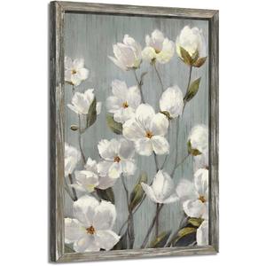 Rustic Flower Wooden Wall Art: Vintage White Floral Framed Oil Painting Abstract Botanical Picture Modern Blossom Prints Artwork for Living Room Bedroom Farmhouse, 16"L x 24"W
