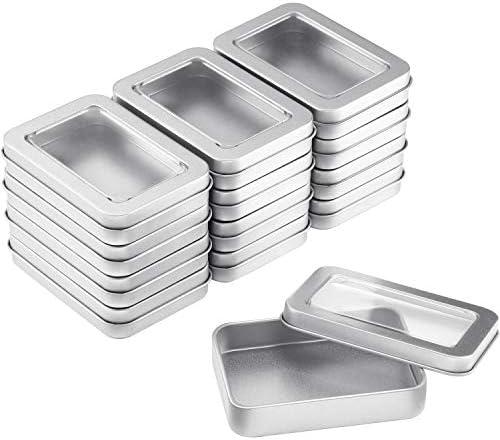 24 Pieces Tin Box Metal Tins with Lids Clear Top Empty Mini Portable Small Storage Tins Case for Home Candles, Candies, Gifts, Balms and Treasures, 3.4x2.4x0.8 Inch, Silver