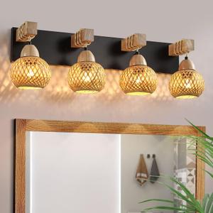 LmnLvn Farmhouse Bathroom Light Fixture, 4-Light Boho Vanity Light, Bamboo Bathroom Light Fixture Over Mirror Rustic Vanity Lighting with Handmade Bamboo Shades, Suit for Restroom, Bedroom, Hallway