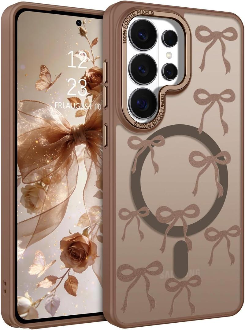 BENTOBEN Magnetic for Samsung Galaxy S26 Ultra Case with Cute Ribbon Bows Pattern, [Compatible with MagSafe] Translucent Matte Anti-Slip Slim Women Girl Protective Cover for Samsung S26 Ultra, Bronze