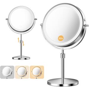 Makeup Mirror, 1X/30X Double Sided Magnifying Mirror/Switch with 3 Colors, 3200 mAh Rechargeable, 8" Lighted Makeup Mirror with Magnification, Adjustable Brightness, for Vanity or Bathroom