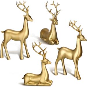 Thyle 4 Pcs Christmas Reindeer Decor Small Resin Standing Sitting Deer Figurine Mini Reindeer Christmas Table Decoration for Home Indoor Xmas Holiday Small Statue Rustic Table Decor(Gold)
