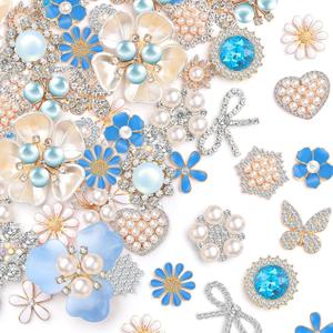 Giegxin 48 Pcs Rhinestone Buttons for Crafts Faux Pearl Embellishments Button Butterfly Flower Vintage Brooch for Wedding Decorations Jewelry Making DIY Clothes Bags Shoes Supplies(Blue)