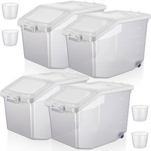 Sunnyray 4 Pcs Rice Storage Container 27.5 lb Airtight Flour Container with Wheels Measuring Cup White Pet Food Dog Cat Birds Food Bin Grain Cereal Organizer Box for Dry Baking Supplies