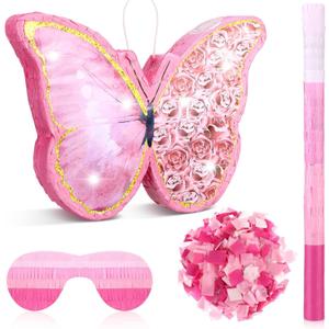 Zhanmai Small Butterfly Sunflower Piata Girl Set Include 15.4 x 11.3 x 2 Inch Pink Piata Bat Stick and Blindfold Mask for Girls Birthday Party Supplies Decor(Butterfly)