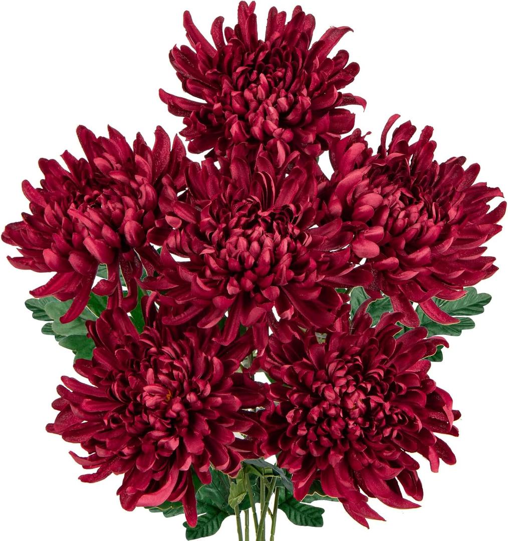 6'' Large Artificial Chrysanthemum Flowers with 25.6'' Long Stem, 6 pcs Red Fake Silk Flowers Faux Spider Mums for Home Decor, Bridal, Wedding, Party, Floral Arrangement, Autumn Decorations