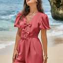 Cicy Bell Womens Cute Rompers Bow Front Puff Sleeve V Neck Short Jumpsuits Sexy Summer Outfits with Pockets (Red, M)