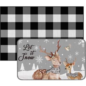 Dunzy 2 Pcs Christmas Welcome Mat Outdoor Reindeer Doormat 17x30 & Black White Plaid Entrance Rug 28x43 Non Slip Floor Mat Layered for Indoor Outside Xmas Elk Home Front Door Porch Entryway Decor (Let It Snow)