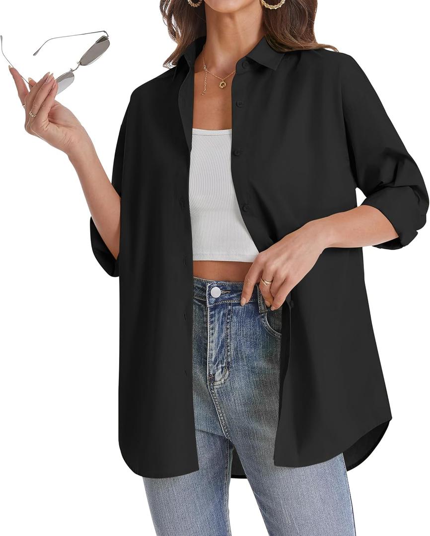 J.VER Womens Oversized Button Down Shirts Casual Long Sleeve Lightweight Breathable Solid Cotton Blouse Office Dress Shirt (Medium, Black)