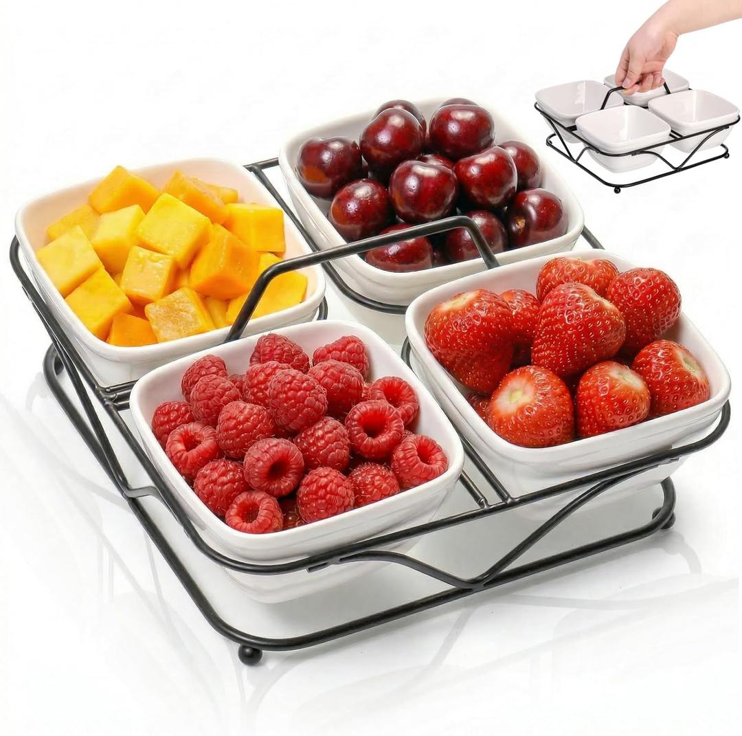 Pumtus Ceramic Divided Serving Dishes, 4 Removable Snack Bowls with Metal Stand, 9 Inch Appetizer Platter with Handle, Dip Bowls for Party, Condiment Serving Relish Tray for Chips & Dips, Nut, Candy