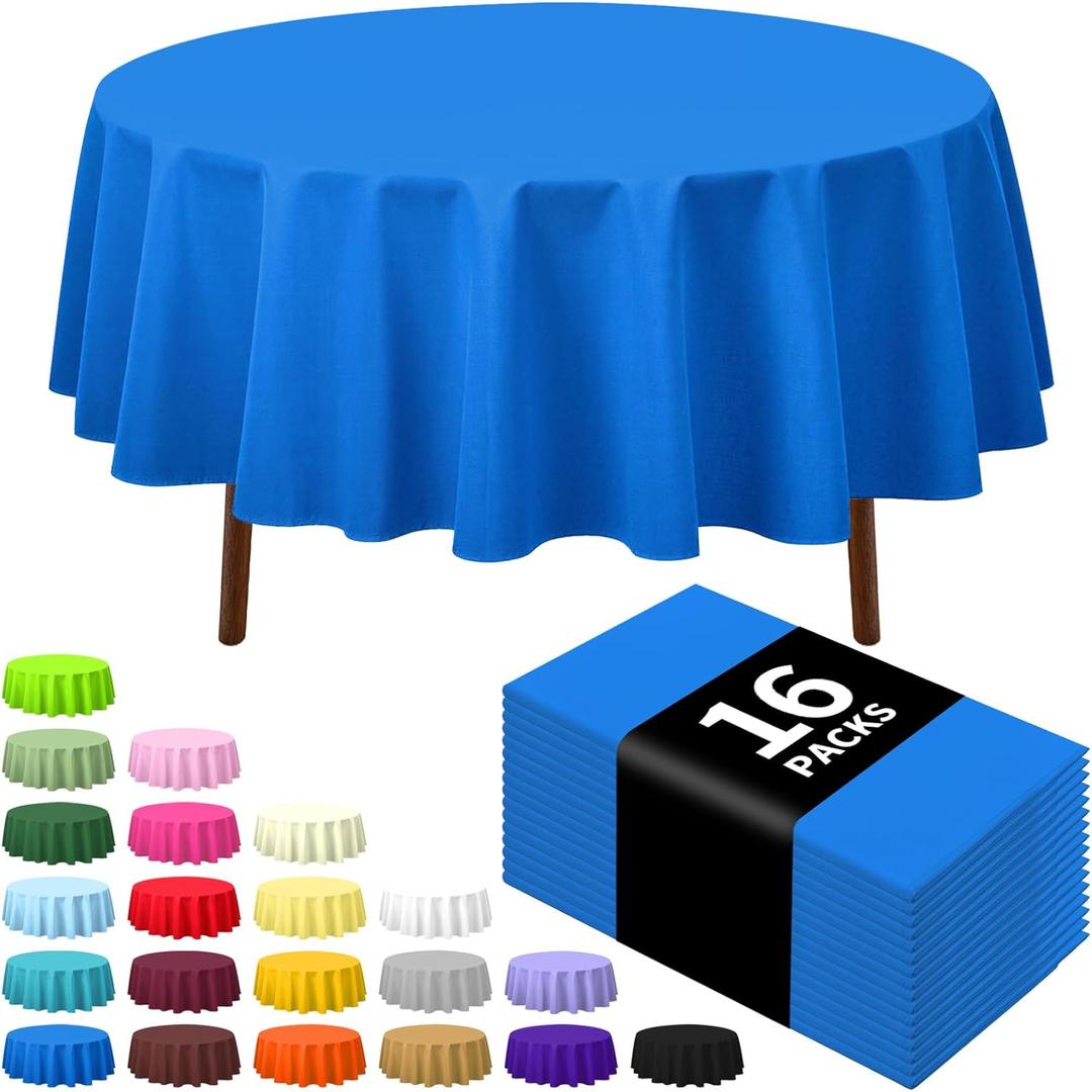 CXPSINC 16 Pack Premium Disposable Plastic Tablecloth 84" Round Table Cover for Birthdays Weddings Christmas Anniversary (Blue)