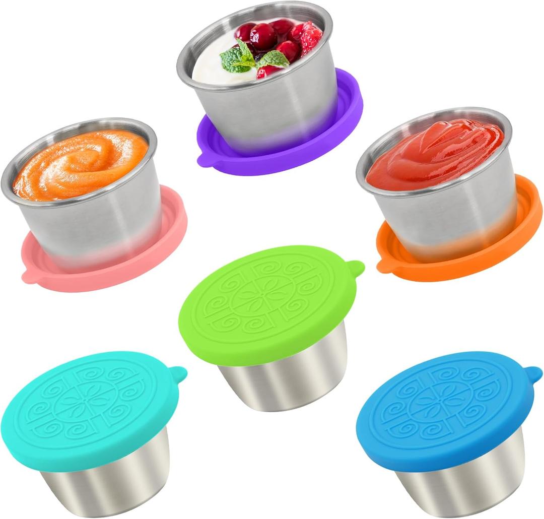6x2.7 Oz Salad Dressing Container to Go,Handy Leakproof Stainless Steel Meal Prep Containers Reusable,Sauce Containers for Lunch Box, Picnics, Travel, Office and Kitchen Storage (Rainbow)