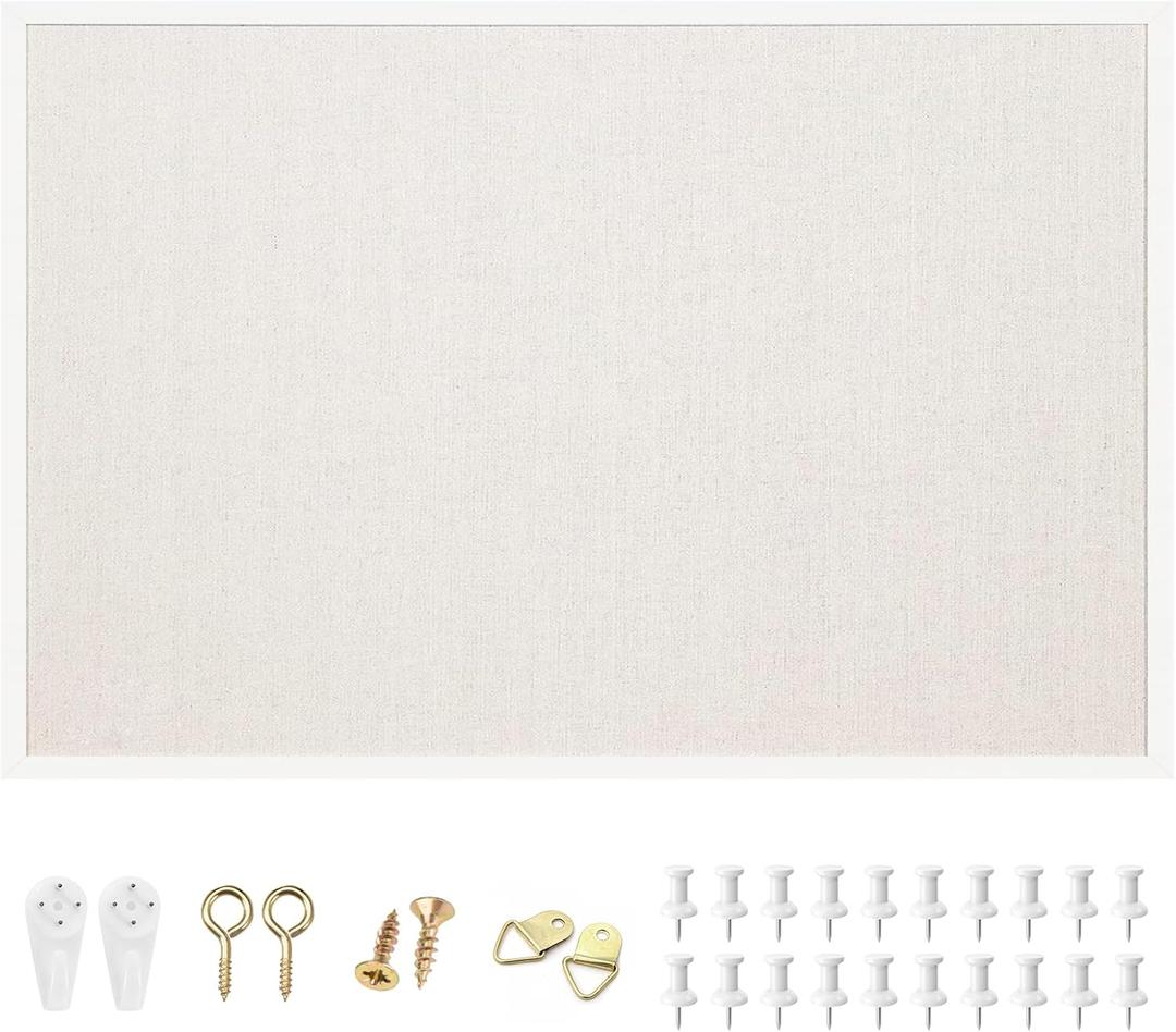 OWLKELA 24'' x 36'' Linen Bulletin Board, White Framed Corkboard, White Oak Frame Linen Cork Board, Vision Board and Decorative Hanging Pin Board